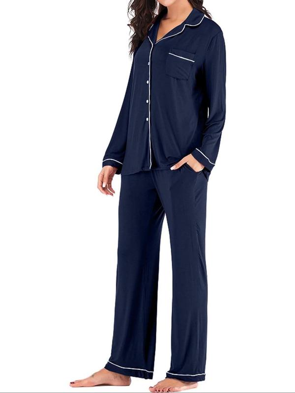 Women's Plain Contrast Binding Pajama Two-piece Set, Lapel Long Sleeve Button Front Shirt & Pants Pj Set, Casual Comfy Loungewear Set for Women