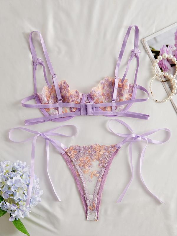 Women's Floral Embroidery Sheer Bra & Tie Side Thong Tulle Sexy Lingerie Set, Romantic Adjustable Strap Push Up Bra & Thong, Lingerie Set for Women