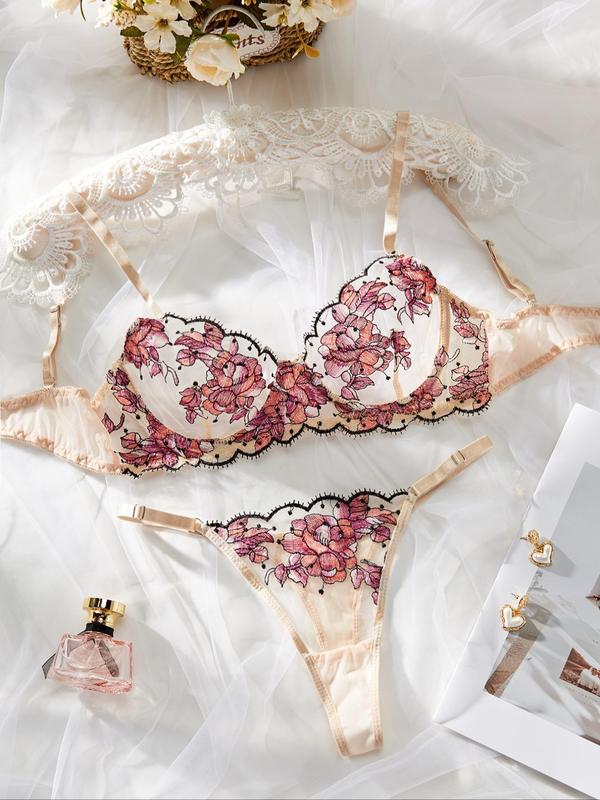 Women's Floral Embroidery Tulle Sexy Lingerie Set, Fashion Push Up Bra & Thong, Lingerie Set for All Seasons, Soft Breathable Underwear Set for Women