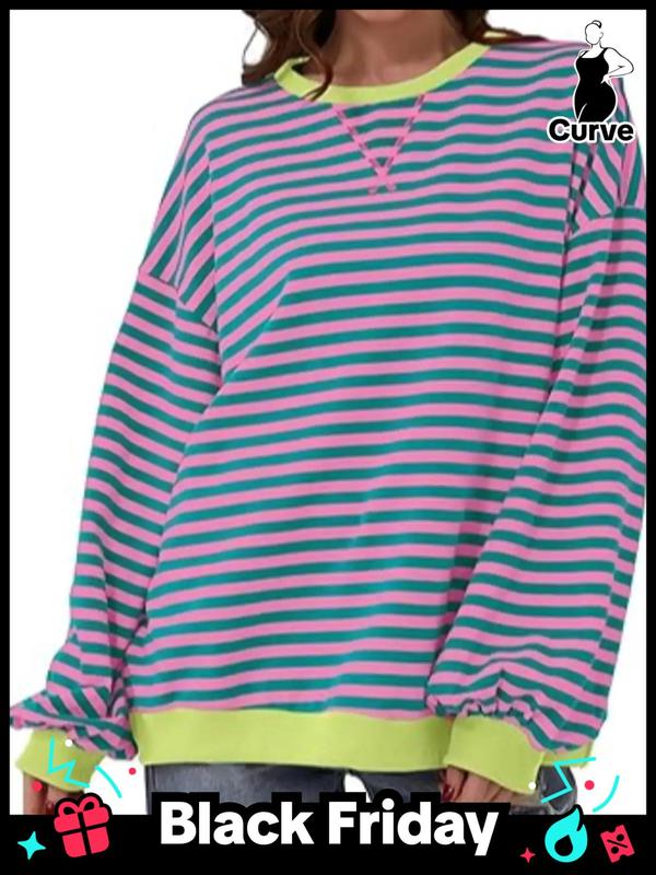 Striped Print Drop Shoulder Sweatshirt, Casual Contrast Binding Long Sleeve Pullover for Spring & Fall, Sweatshirts for Women, Women's Plus Clothing for Daily Wear, Black Girl Outfits