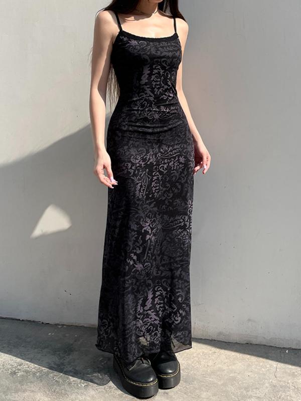 Women's All Over Print Contrast Lace Cami Dress, Retro Sleeveless Spaghetti Strap Long Dress for Party Holiday Wedding Guest, Ladies Clothes for All Seasons
