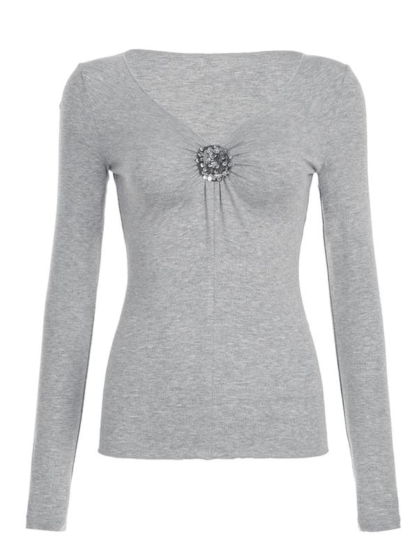 Women's Glitter Twists Front V Neck Tee, Y2K Casual Long Sleeve T-Shirt for Fall & Winter, Women's Clothing for Daily Wear