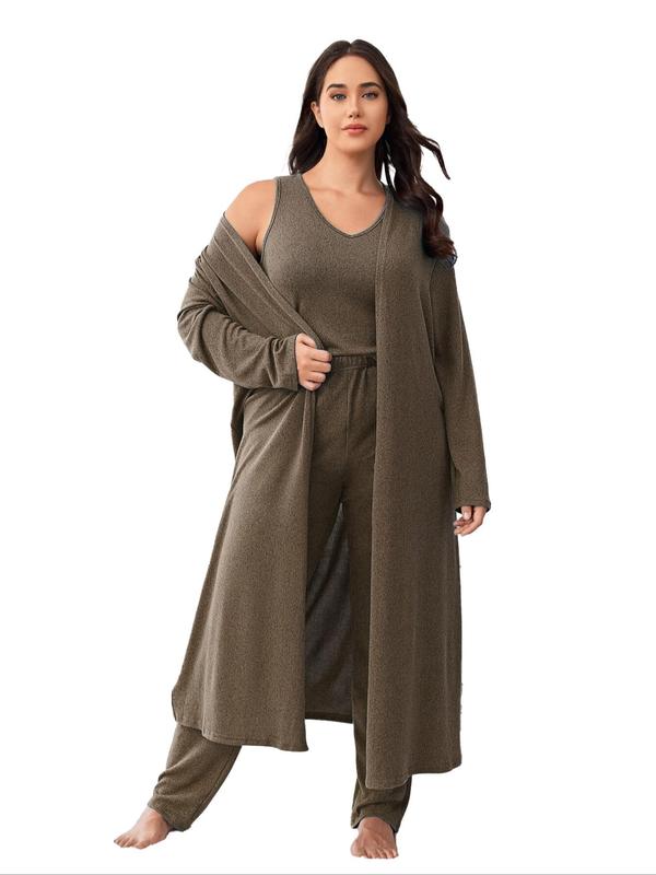 Plus Size Solid V Neck Tank Top & Elastic Waist Pants & Open Front Lounge Robe Set, Casual Comfy Sleepwear Set,  Robe for Women, Pajama Sets Women, Women's Sleepwear for All Seasons