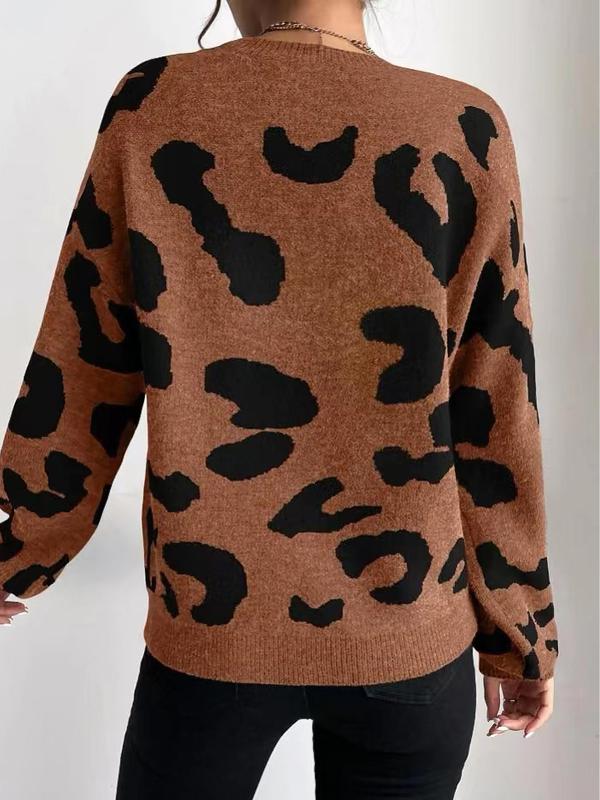 Women's Leopard Print Drop Shoulder Sweater, Casual Long Sleeve Round Neck Jumper for Fall & Winter, Sweaters for Women, Women's Knitwear for Daily Wear
