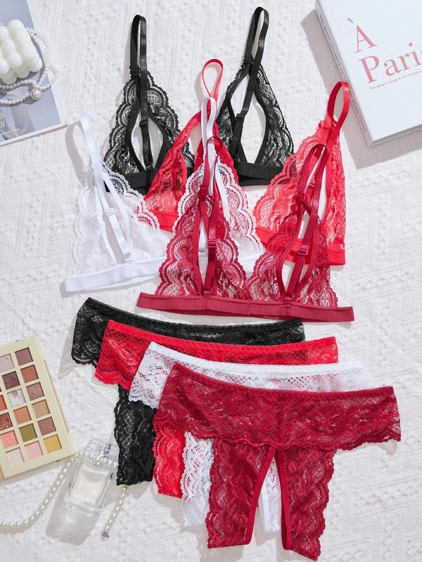 Women's Contrast Lace Scallop Trim Sheer Sexy Lingerie Set, Adjustable Strap Cut Out Bra & Open Crotch Design Thong Set, Soft Comfy Breathable Lingerie Set for Women