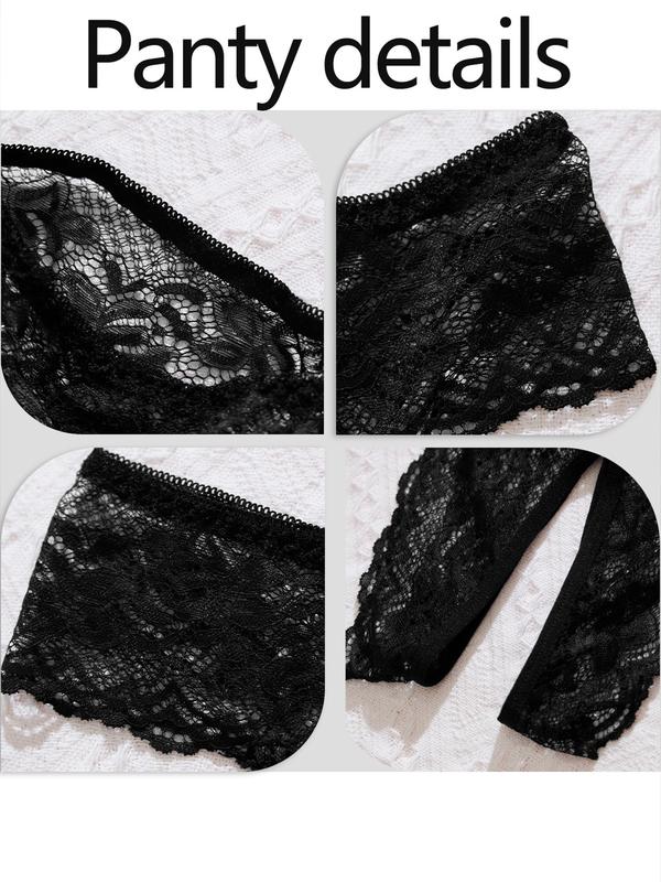 Women's Contrast Lace Scallop Trim Sheer Sexy Lingerie Set, Adjustable Strap Cut Out Bra & Open Crotch Design Thong Set, Soft Comfy Breathable Lingerie Set for Women