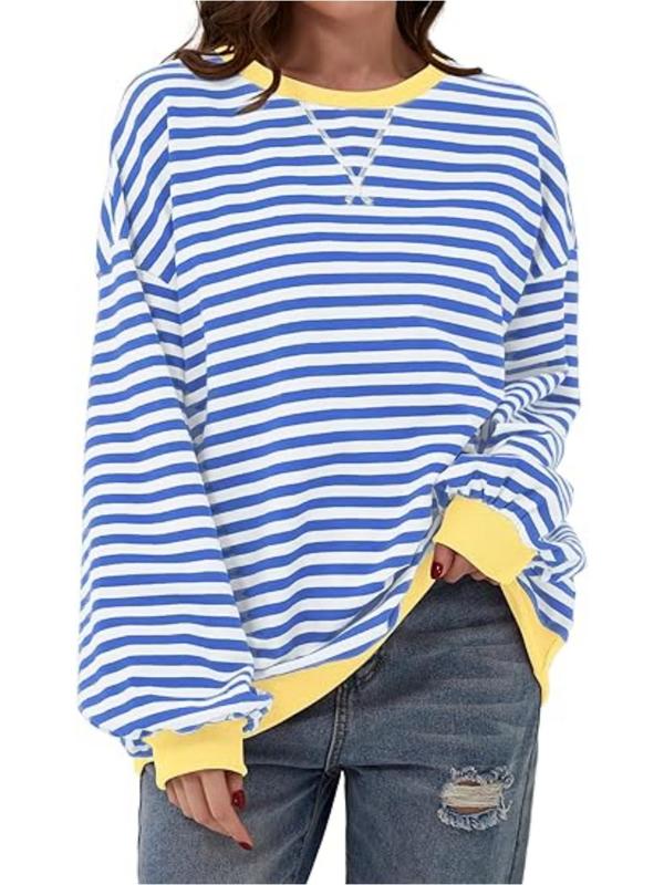  Striped Print Drop Shoulder Sweatshirt, Casual Contrast Binding Long Sleeve Pullover for Spring & Fall, Sweatshirts for Women, Women's Plus Clothing for Daily Wear, Black Girl Outfits
