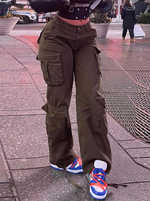 Women's Plain Pocket Drawstring Cargo Pants, Casual Elastic Waist Trousers for Daily Wear, Pants for Women, Ladies Bottoms for All Seasons