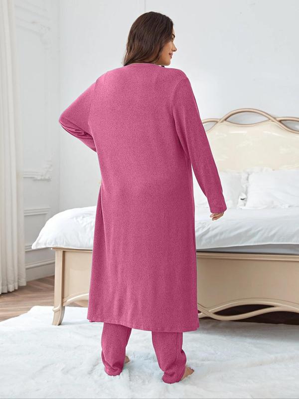 Plus Size Solid V Neck Tank Top & Elastic Waist Pants & Open Front Lounge Robe Set, Casual Comfy Sleepwear Set,  Robe for Women, Pajama Sets Women, Women's Sleepwear for All Seasons
