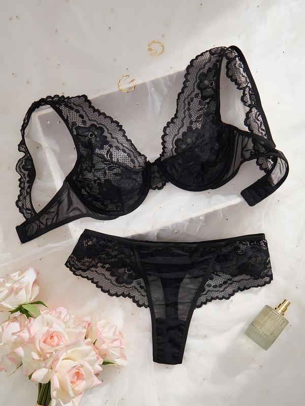 Two-Piece Set Women's Floral Lace Underwire Bra & Sheer Scallop Trim Thong, Romantic Push Up Bra & Panty Underwear Set, Lingerie Set for Women