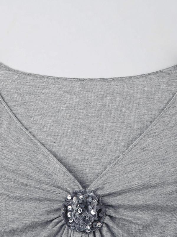 Women's Glitter Twists Front V Neck Tee, Y2K Casual Long Sleeve T-Shirt for Fall & Winter, Women's Clothing for Daily Wear