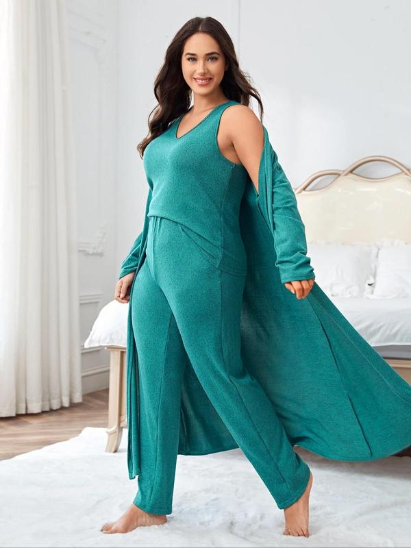 Plus Size Solid V Neck Tank Top & Elastic Waist Pants & Open Front Lounge Robe Set, Casual Comfy Sleepwear Set,  Robe for Women, Pajama Sets Women, Women's Sleepwear for All Seasons