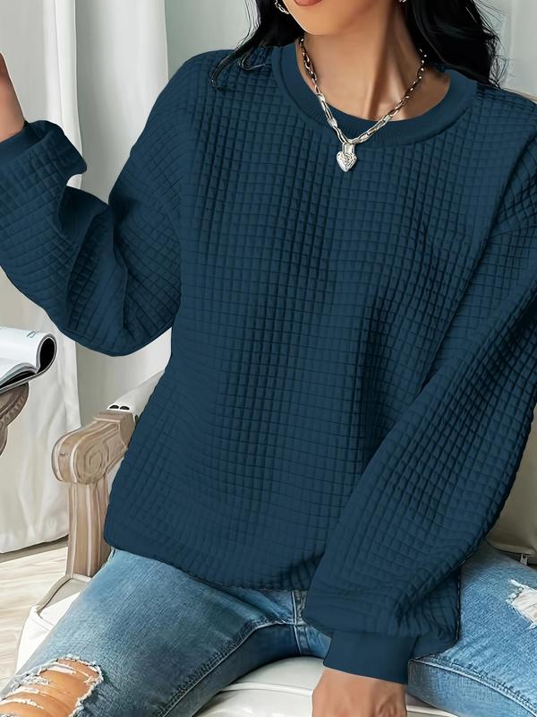 Women's Plain Waffle Knit Drop Shoulder Sweatshirt, Casual Long Sleeve Round Neck Pullover for Fall & Winter, Ladies Clothes for Daily Wear