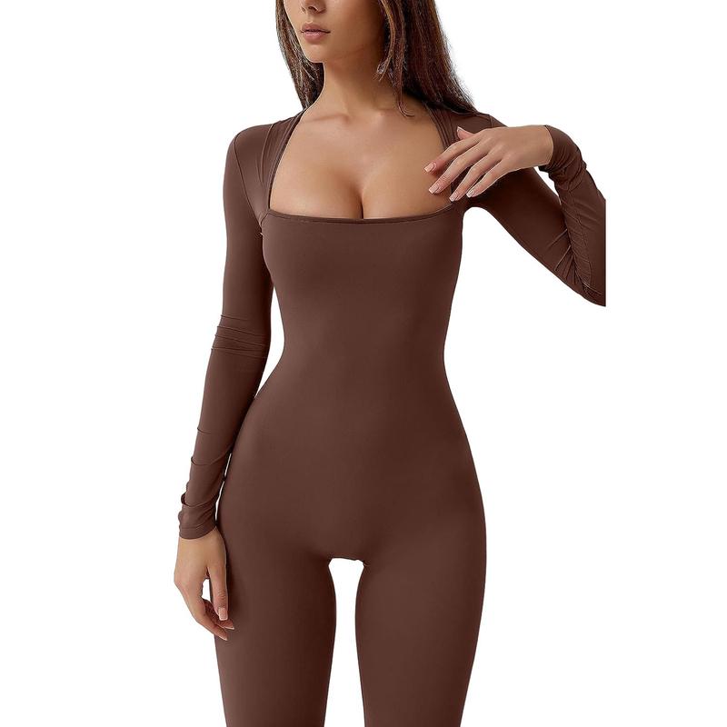 Jumpsuits for Women Square Neck Wide Leg Full Length Romper Playsuit Fabric Long Sleeve Soft Womenswear Bodycon Casual