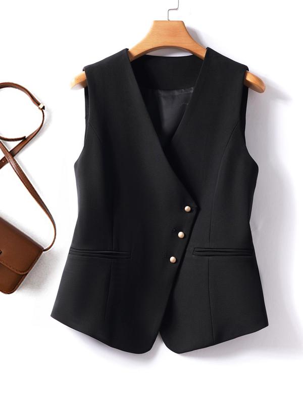 Women's Solid Asymmetrical Button Front Vest Blazer, Elegant V Neck Sleeveless Outerwear, Ladies Spring & Fall Clothes for Work Office Business
