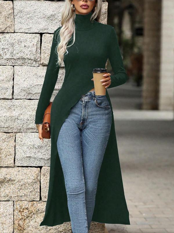 Women's Plain Asymmetrical Hem High Low Hem Tee, Casual Long Sleeve High Neck Long T-shirt for Spring & Fall, T Shirts for Women, Women's Top for Daily Wear
