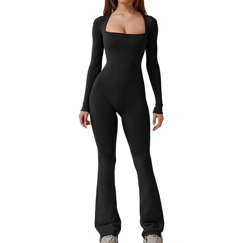 Jumpsuits for Women Square Neck Wide Leg Full Length Romper Playsuit Fabric Long Sleeve Soft Womenswear Bodycon Casual