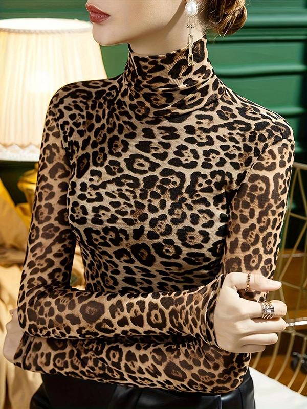 Women's Leopard Print High Neck Tee, Casual Long Sleeve T-shirt for Spring & Fall, Women's Clothing for Daily Wear