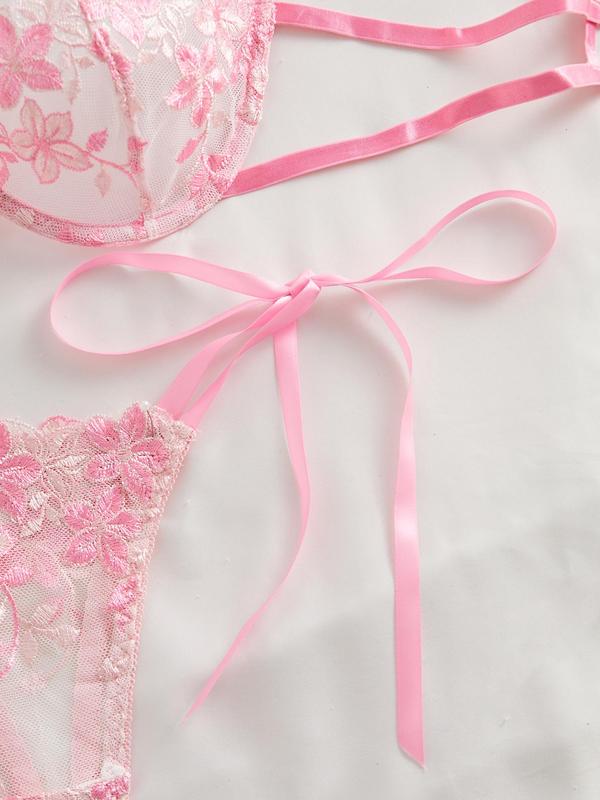 Women's Floral Embroidery Sheer Bra & Tie Side Thong Tulle Sexy Lingerie Set, Romantic Adjustable Strap Push Up Bra & Thong, Lingerie Set for Women