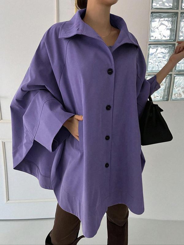 Women's Plain Pocket Button Front Coat, Elegant Batwing Sleeve Collared Long Sleeve Outerwear for Work Office Business,  Winter Clothes Women,  Ladies Clothes for All Seasons Jackets For Women