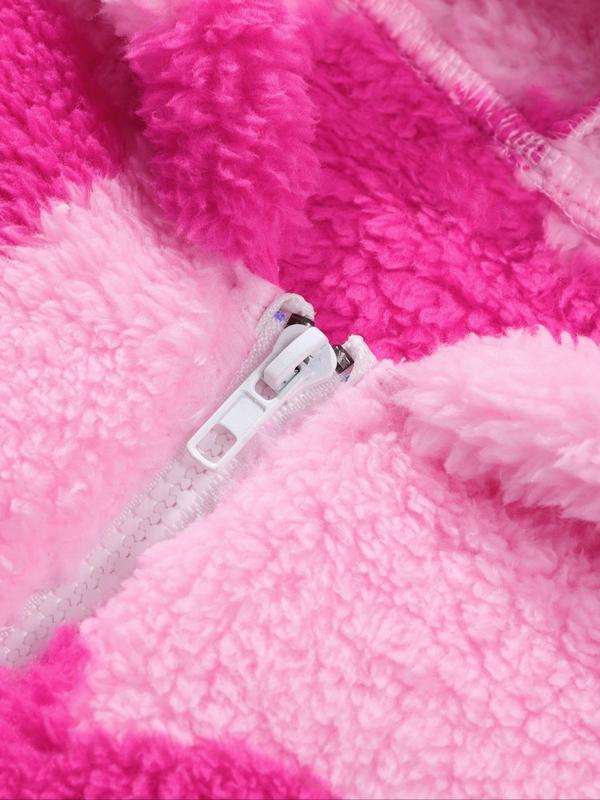Women's Heart Print Zip Up Fuzzy Hooded Jacket, Casual Long Sleeve Drop Shoulder Outerwear for Winter, Ladies Clothes for Daily Wear