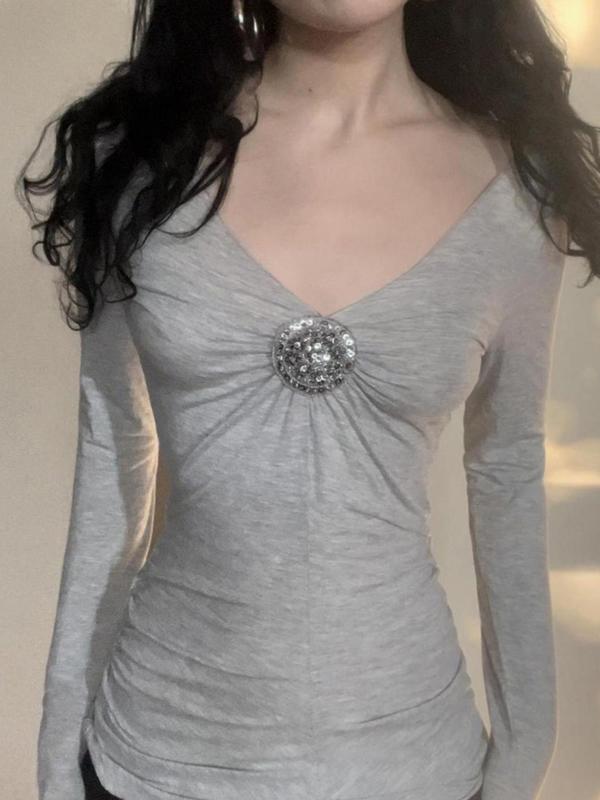 Women's Glitter Twists Front V Neck Tee, Y2K Casual Long Sleeve T-Shirt for Fall & Winter, Women's Clothing for Daily Wear