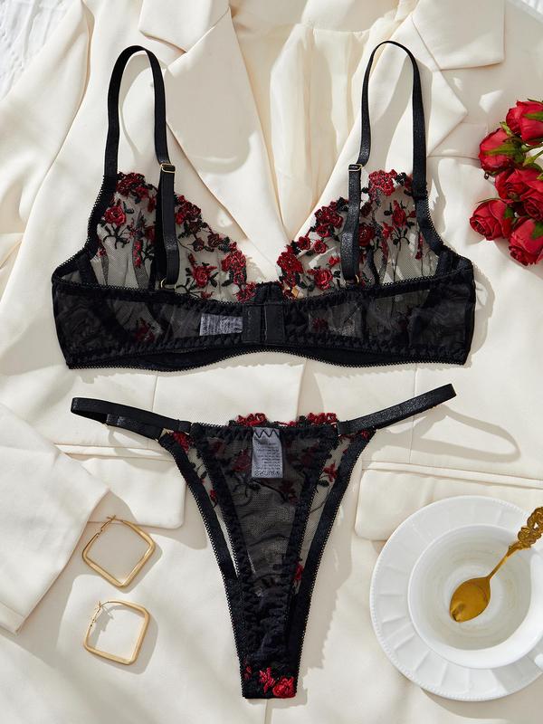 Women's Floral Embroidery Bra & Thong Sexy Lingerie Set, Sexy Comfy Breathable Underwear Set for Daily Wear, Women's Lingerie & Underwear for All Seasons