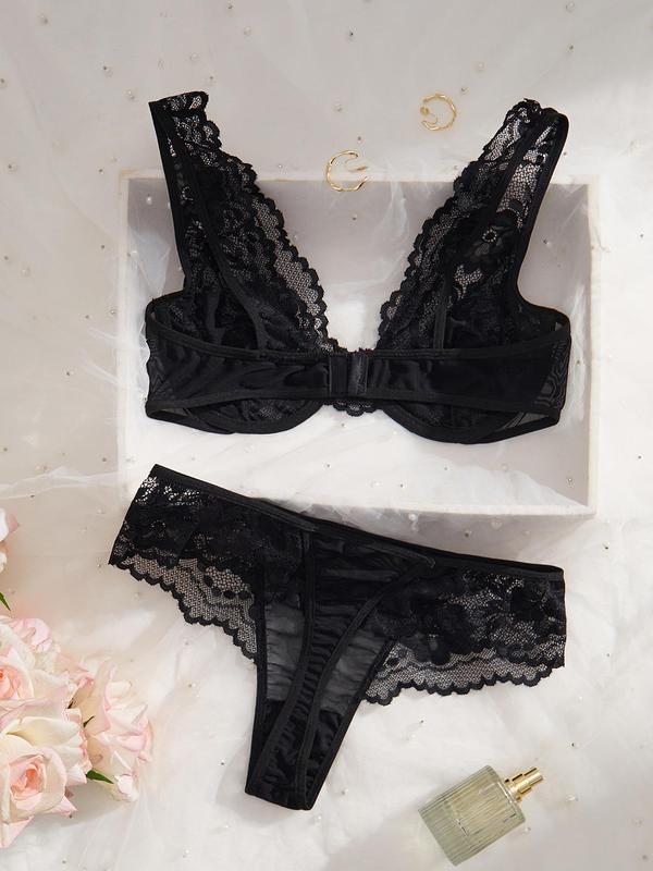Two-Piece Set Women's Floral Lace Underwire Bra & Sheer Scallop Trim Thong, Romantic Push Up Bra & Panty Underwear Set, Lingerie Set for Women