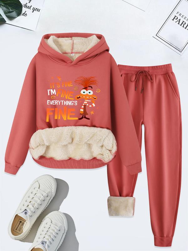 Two-piece Set Women's Letter Print Thermal Lined Sweatshirt & Drawstring Waist Sweatpants Set, Casual Long Sleeve Hooded Sweatshirt  & Pocket Jogger Pants, Women's Fall & Winter Clothes