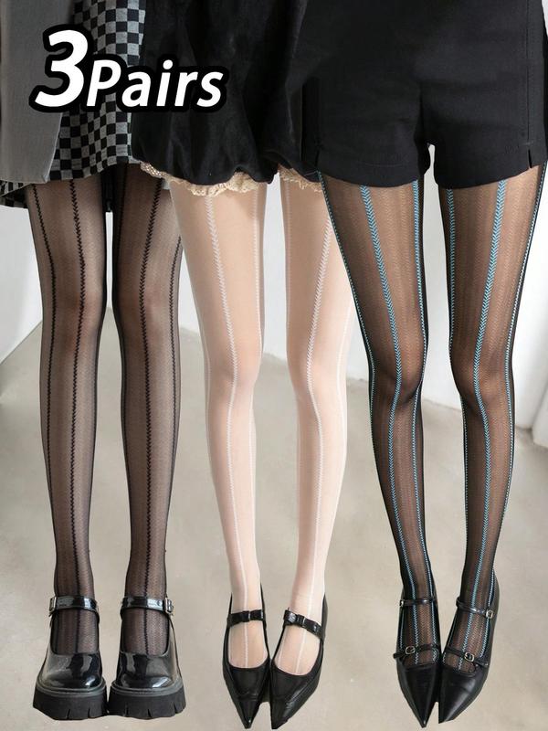 Women's Striped Jacquard Contrast Mesh Sheer Tights, Casual Comfy Breathable High Stretch Pantyhose for Daily Wear, Ladies Tights for All Seasons