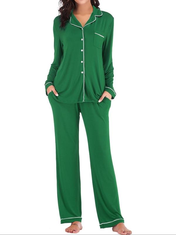 Women's Plain Contrast Binding Pajama Two-piece Set, Lapel Long Sleeve Button Front Shirt & Pants Pj Set, Casual Comfy Loungewear Set for Women