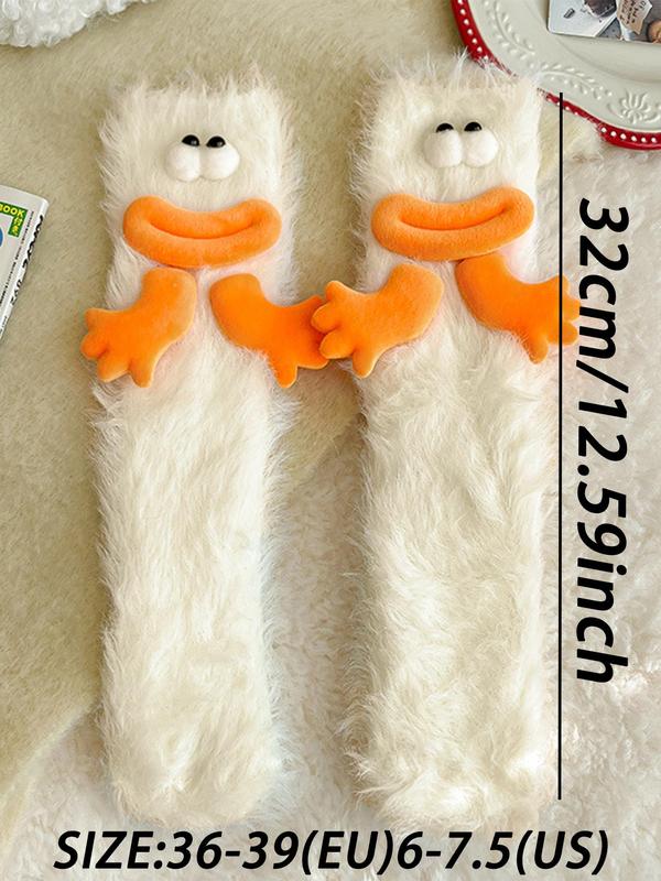 Random Women's 3D Cartoon Decoration Fuzzy Socks, Cute Soft Comfy Crew Socks for Fall & Winter, Women's Socks for Daily Wear