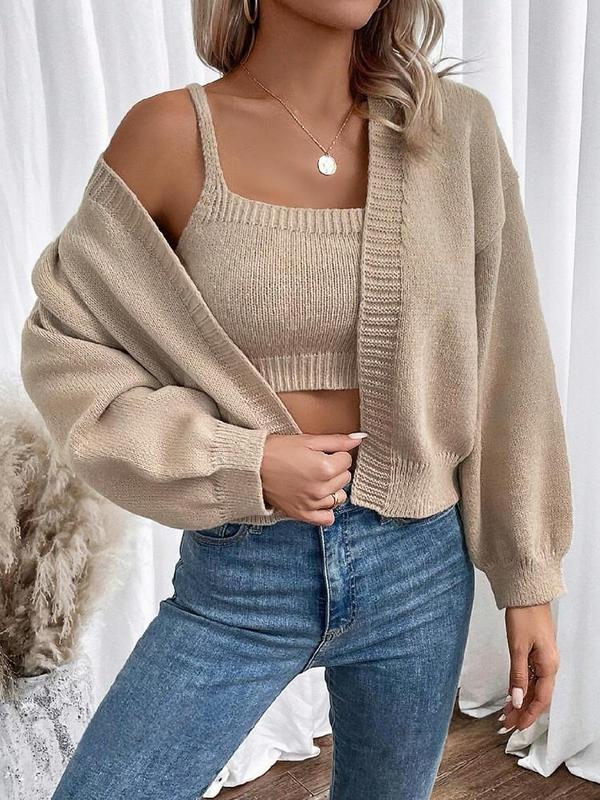 Women's Solid Color Copped Cami Knit Top & Drop Shoulder Open Front Cardigan Set, Women's 2 Piece Sets, 2 Counts Casual Fashion Cozy Knitwear for Daily Wear, Women Clothing for Spring Fall