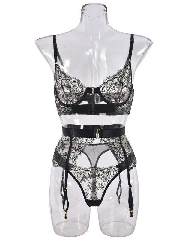 Women's Floral Embroidery Sheer Sexy Lingerie Three-piece Set, Adjustable Strap Bra & Thong & Garter Belt Set, Lingerie Set for Women