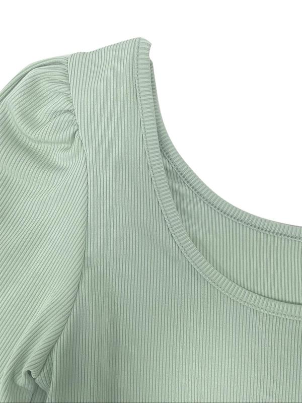 Women's Plain Bishop Sleeve Scoop Neck Tee, Casual Long Sleeve T-shirt for Fall & Winter, Women's Clothing for Daily Wear