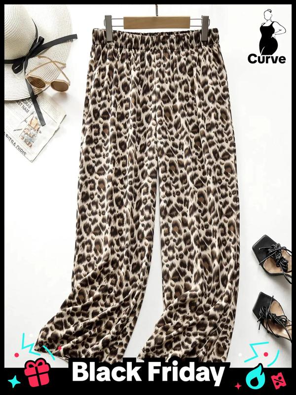 Women's Plus Size Leopard Print Elastic Waist Wide Leg Pants, Casual Fashion Trousers for Daily Wear,  Pants for Women, Ladies Bottoms for Spring & Fall