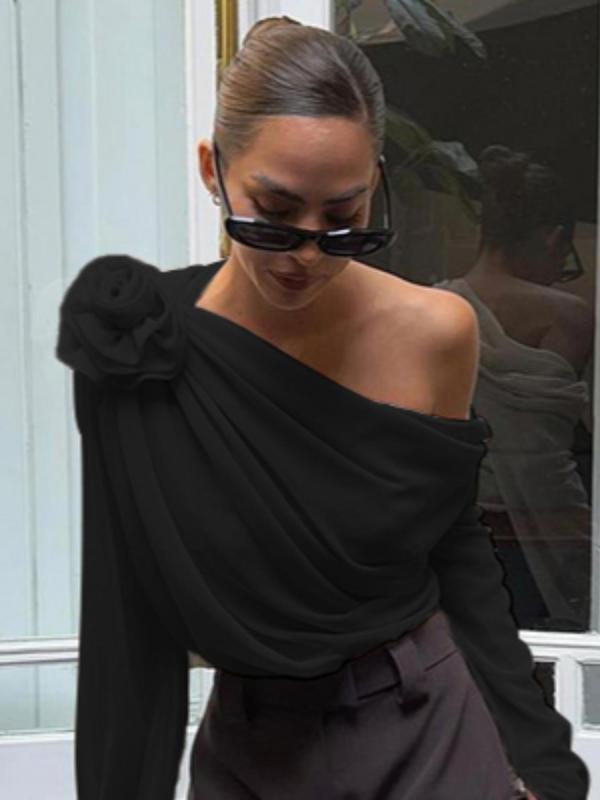 Women's Plain Flower Decor Ruched One Shoulder Chiffon Top, Casual Asymmetrical Neck Long Sleeve Top for Fall & Winter, Women's Clothing for Daily Wear