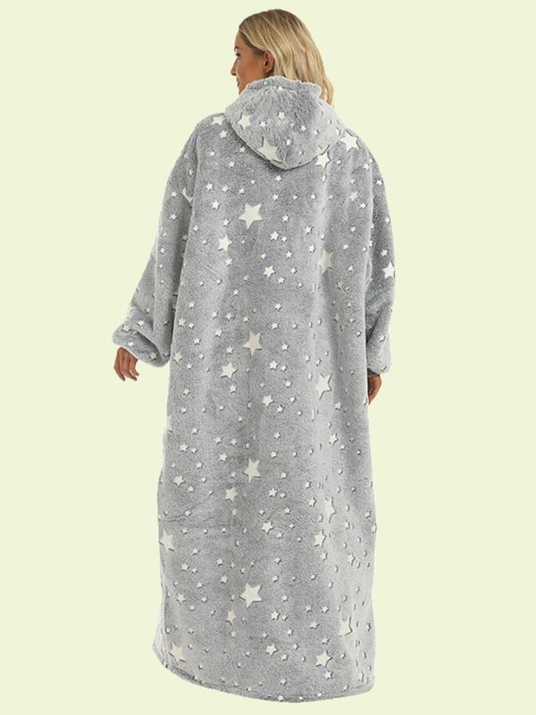 Womenswear Glow in The Dark Star Print Pocket Hooded Blanket, Casual Long Sleeve Drop Shoulder Blanket Hoodie, Women's Sleepwear for Winter, Fall Wear, Fallfreshness