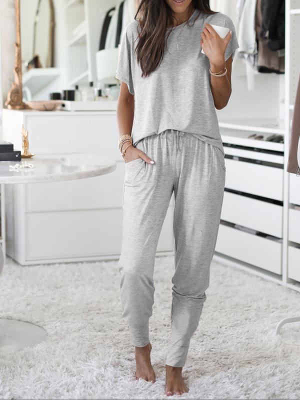Women's Solid Color Batwing Sleeve Tee & Drawstring Waist Pants Loungewear Two-piece Set, Casual Comfy Round Neck Top & Trousers Pj Set, Ladies Sleepwear for All Seasons