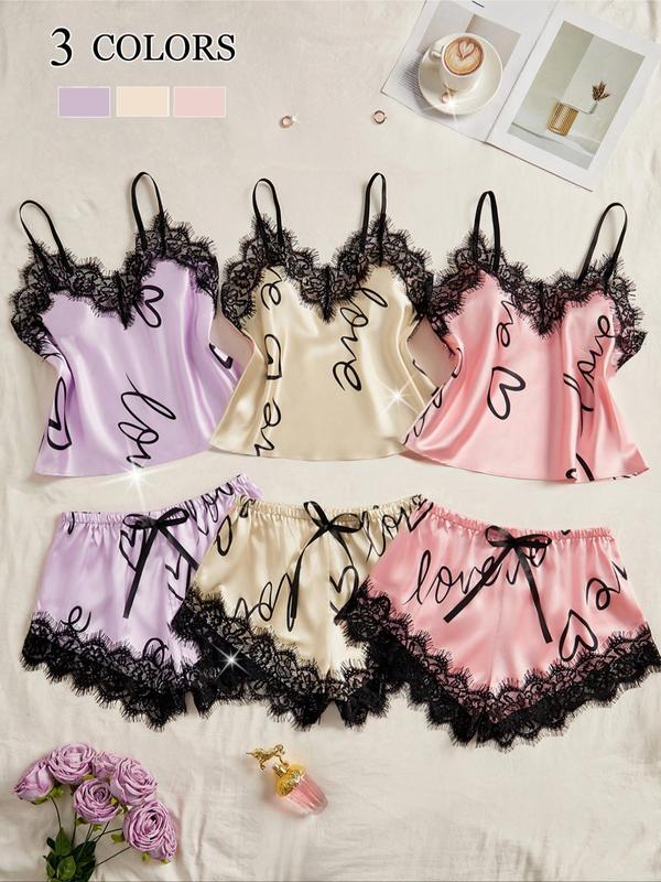 Two-Piece Set Women's Heart Print Contrast Lace Cami Top & Knot Front Shorts Satin Pyjama Set, Adjustable Spaghetti Strap Camisole & Shorts Pj Set, Sleepwear Loungewear Set for Women
