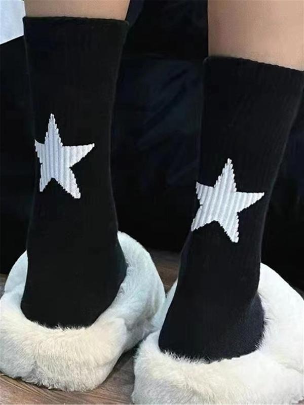 Women's 6 Pairs Star Print Crew Socks, Mid-calf Socks, Ribbed Knit Mid Tube Socks, Multi-pack Mid Tube Socks for Women, Women's Socks & Hosiery