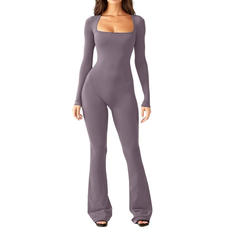 Jumpsuits for Women Square Neck Wide Leg Full Length Romper Playsuit Fabric Long Sleeve Soft Womenswear Bodycon Casual