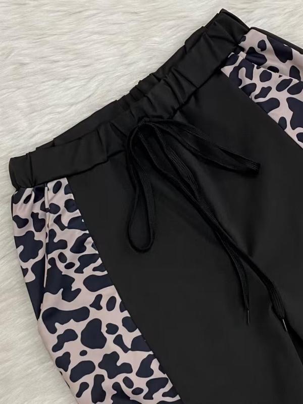 Two-piece Set Women's Colorblock Leopard Print Zip Up Pullover & Drawstring Waist Pants, Casual Long Sleeve Stand Collar Top & Pocket Trousers for Spring & Fall, Two Piece Set Women, Women's Clothes for Daily Wear