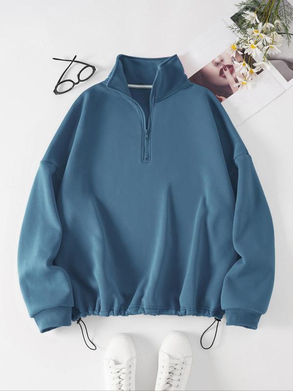 Plus Size Plain Half Placket Zip Front Drop Shoulder Sweatshirt, Plus Casual Long Sleeve Drawstring Collared Pullover for Spring & Fall, Women's Plus Clothing for Daily Wear