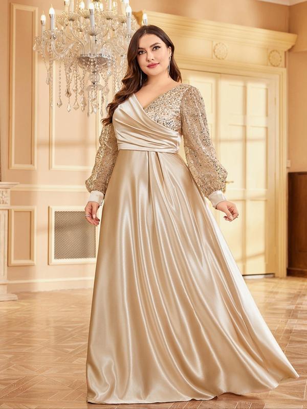 Plus Size Contrast Sequin Ruched Wrap Sheer Satin Party Dress, Elegant Bishop Sleeve V Neck A Line Dress for Party & Banquet, Women's Plus Size Clothing for All Seasons