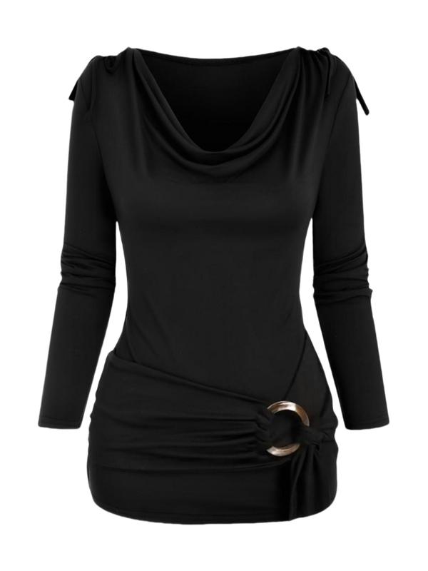 Women's Plain O-ring Tie Shoulder Cowl Neck Tee, Casual Long Sleeve T-shirt for Spring & Fall, Women's Clothing for Daily Wear