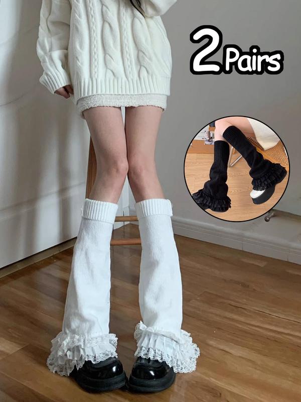 Women's Solid Contrast Lace Ruffle Trim Flare Leg Warmer, Casual Soft Comfy Warm Socks for Fall & Winter, Women's Socks for Daily Wear