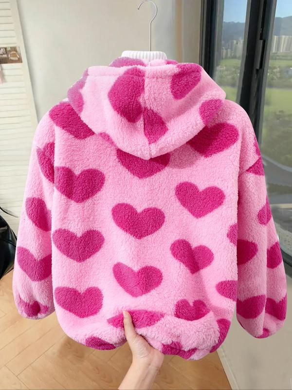 Women's Heart Print Zip Up Fuzzy Hooded Jacket, Casual Long Sleeve Drop Shoulder Outerwear for Winter, Ladies Clothes for Daily Wear