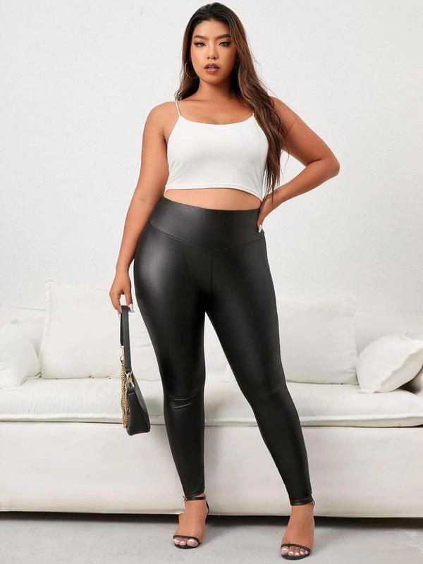  Solid High Waist PU Leather Skinny Pants, Casual Comfy Leggings for Daily Wear, Women's Bottoms for Spring & Fall