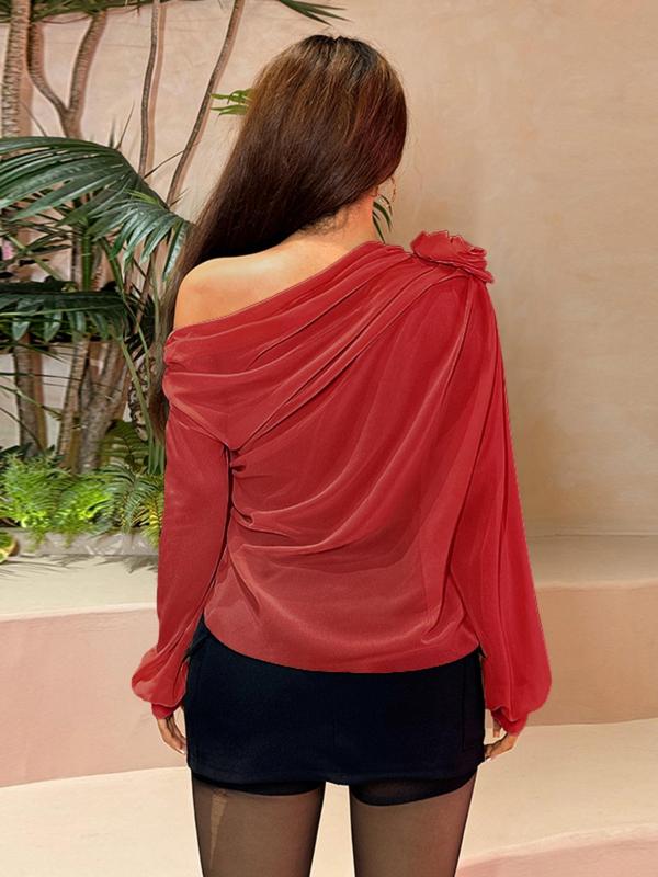 Women's Plain Flower Decor Ruched One Shoulder Chiffon Top, Casual Asymmetrical Neck Long Sleeve Top for Fall & Winter, Women's Clothing for Daily Wear